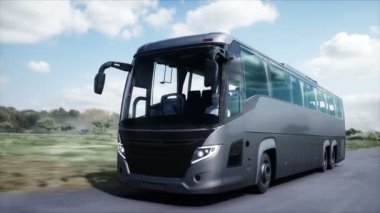 Otoyolda çok hızlı giden bir turistik otobüs. Turizm, seyahat konsepti. Gerçekçi 4k animasyonu