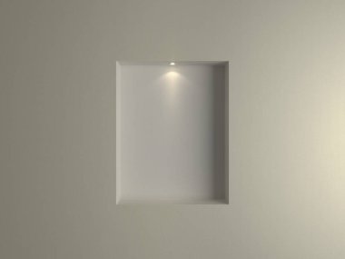 Spot ışıklarıyla boş beyaz oyuğun üç boyutlu çizimi. İçeriğinizin eklenmesi için hazır