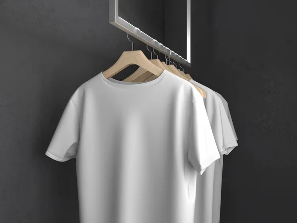 Renderowanie Wieszaków Ubrania Białą Pustą Koszulką — Zdjęcie stockowe