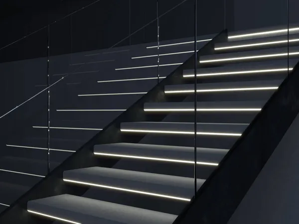 Boyutlu Metal Beton Merdiven Her Basamağa Şeritli Aydınlatma Yerleştirilmiş — Stok fotoğraf