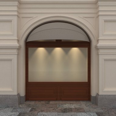 Neoklasik mimari içeriği olan bir depo penceresinin 3d görüntülenmesi
