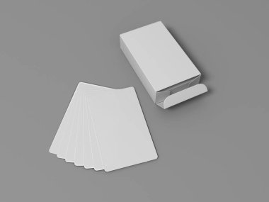 Gri arkaplandaki ambalajlı beyaz kart destesinin 3d görüntülenmesi