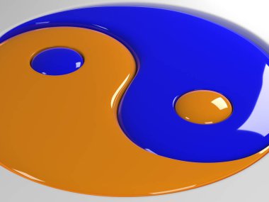 Tao 'nun (yin ve yang) eski sembolünün tamamlayıcı renklerde parıltılı bir görünüşü ile 3D canlandırması