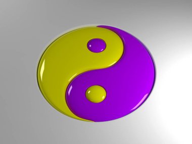 Tao 'nun (yin ve yang) eski sembolünün tamamlayıcı renklerde parıltılı bir görünüşü ile 3D canlandırması