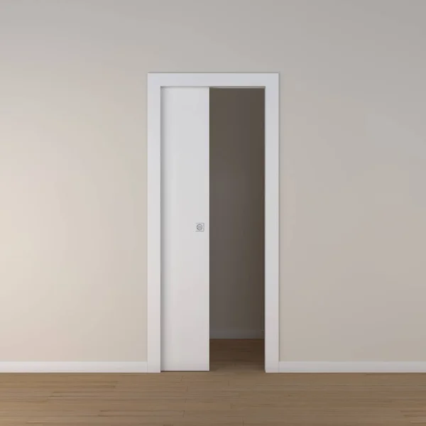 Απόδοση Ενός Ενιαίου Πάνελ Συρόμενη Πόρτα Λευκό Λακαρισμένο Ξύλο — Φωτογραφία Αρχείου