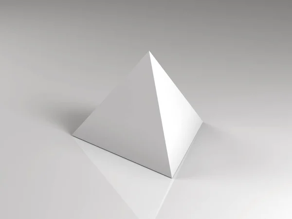 Renderização Uma Pirâmide Triangular Base Branca Sobre Fundo Reflexivo Branco — Fotografia de Stock