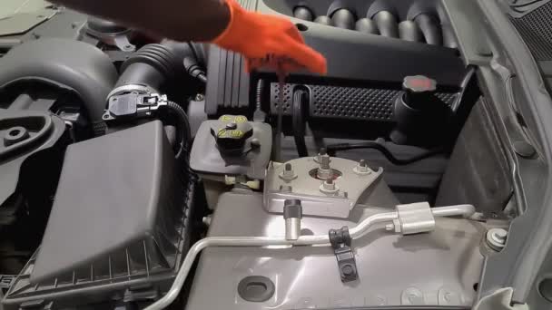 Механик Обслуживает Автомобиль Открывает Капот Проверяет Уровень Масла Двигателе — стоковое видео