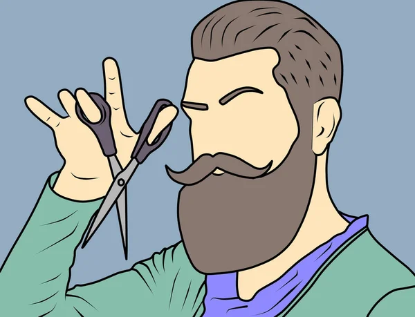 Illustration of a male hairdresser with a beard holding scissors. Barber, hipster