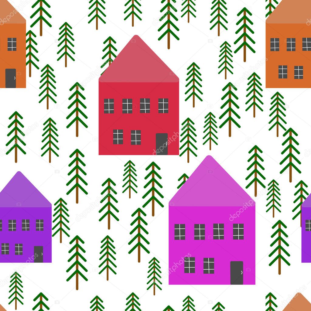 House and trees pattern. House in the woods. Houses in Christmas trees.