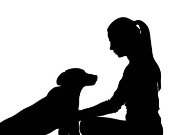 Köpekli bir kızın silueti. Bir kız ve bir köpeğin izole edilmiş çizimi. Evcil hayvan.