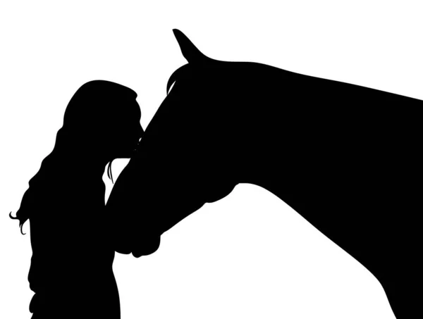 Silhueta Uma Menina Cavalo Menina Beija Cavalo — Fotografia de Stock