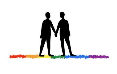 Silhouette of people holding hands. LGBT family. Love of people. LGBT colors. The couple is holding hands.