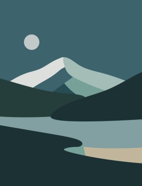 Minimalist manzara. Manzara çizimi. Soyut boyanmış. Dağ illüstrasyonu.