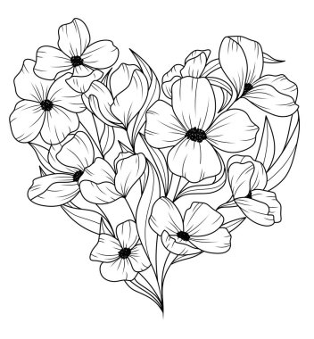 Çiçekler. Beyaz arka planda çiçekli bir kalp..