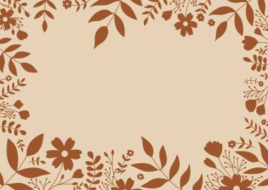 Bej arkaplanda yaprakları ve çiçekleri olan çerçeve.
