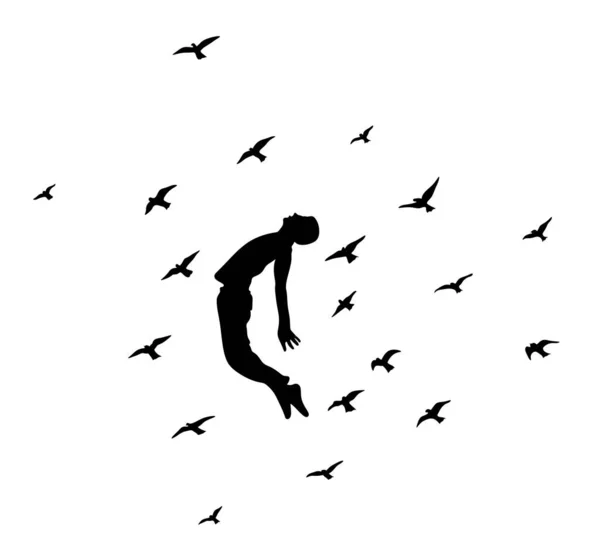 Geïsoleerd Silhouet Van Een Man Silhouet Van Vliegende Vogels Man — Stockfoto