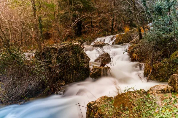 Curso de água entre árvores e rochas. — Fotografia de Stock