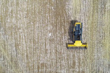 Havadaki toz samanıyla buğday toplayan hasat makinesinin fotoğrafı..