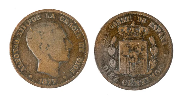 Spanyol érmék - 10 cent, Alfonz XII. Bronzba mártva 1877-ben — Stock Fotó