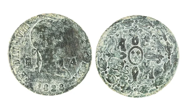 Spanska mynt - 4 Maravedis, Ferdinand VII. Mintad i brons 1828 — Stockfoto