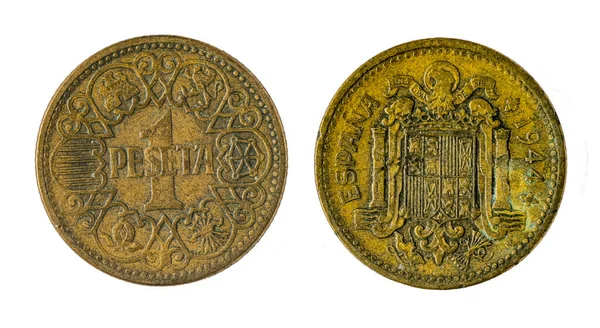 Spanska mynt - 1 peseta, Francisco Franco. Myntat i koppar från år 1944 — Stockfoto