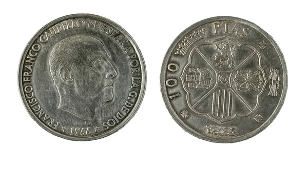 Spanische Münzen - 100 Peseten, Francisco Franco. Silberprägung aus dem Jahr 1966 — Stockfoto