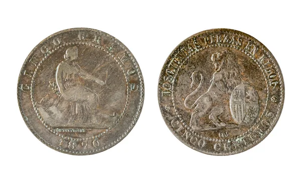 Monedas españolas - 5 centavos, Gobierno provisional. Mintado en cobre desde el año 1870 —  Fotos de Stock