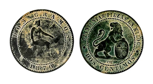Monedas españolas - 2 centavos, Gobierno provisional. Mintado en cobre desde el año 1870 —  Fotos de Stock