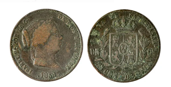 Las monedas españolas - veinticinco centavos de real, Isabel II. Mintado en cobre desde el año 1859 —  Fotos de Stock