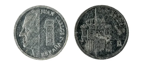 Monede spaniole - 1 peseta. Juan Carlos I. Minted în Nichel în 1989 — Fotografie, imagine de stoc