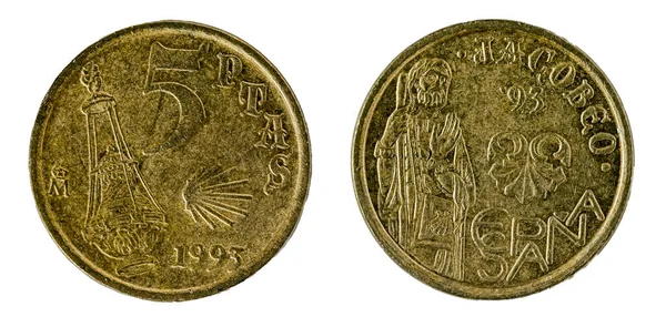 Hiszpańskie monety - 5 peset, Jacobean. Juan Carlos I. Założony w 1993 roku — Zdjęcie stockowe