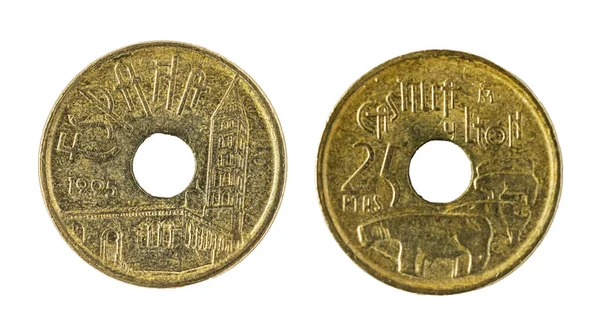 Испанские монеты - 25 песет. Хуан Карлос I. Кастилия и Леон, 1995 — стоковое фото
