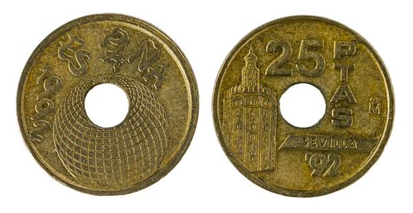 Spanska mynt - 25 pesetas. Juan Carlos I. Sevilla 1992 — Stockfoto