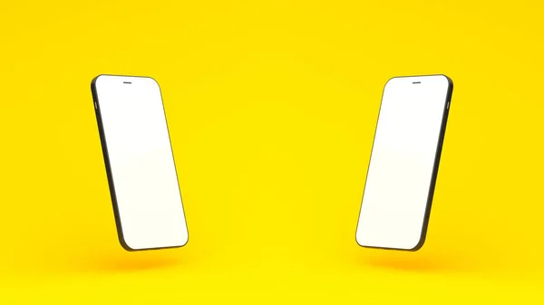 基于黄色背景的两台智能手机3D渲染 — 图库照片