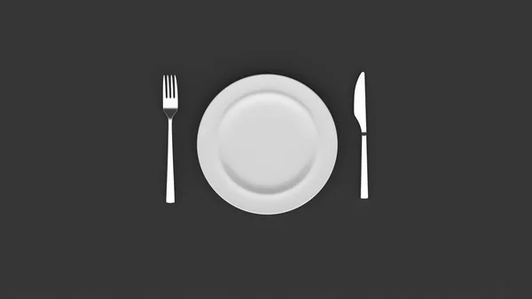 Empty Plate Empty White Plate Knife Fork Black Background — Stock Photo, Image