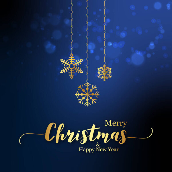 Поздравляем с Рождеством и наступающим Новым годом пост в социальной сети или баннер с золотым текстом и синим фоном