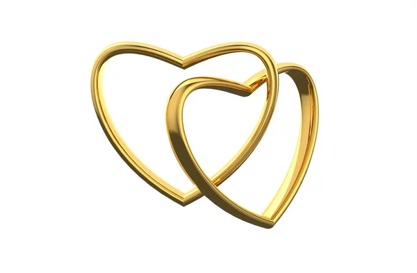 Két Arany Szív Szimbóluma Esküvői Elkötelezettség Összetartás Renderelés Illusztráció — Stock Fotó