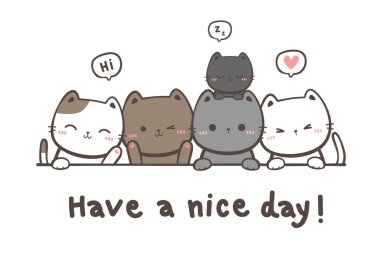 Şirin kedi ailesi çizgi film karalama resimlerini selamlıyor.