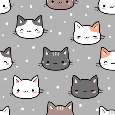 Kusursuz desenli, sevimli kedi kafalı çizgi film karikatürü.