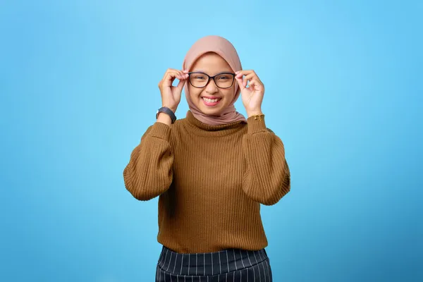 Happy Young Asian Woman Hand Glasses Smiling Expression Blue Background — Stock Photo, Image