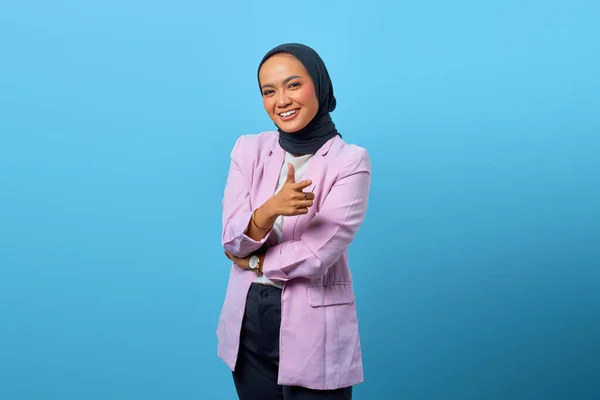 Attractive Asian Woman Making Good Pointing Blue Background — Stock Photo, Image