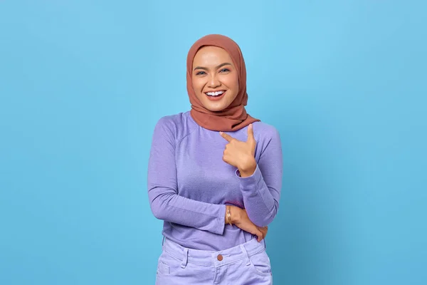 Portrait Smiling Young Asian Woman Pointing Herself Proud Blue Background — Stock Photo, Image