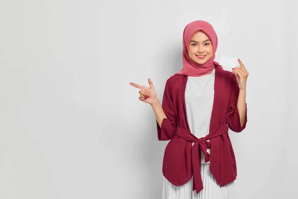 Cheerful Beautiful Asian Woman Casual Shirt Hijab Pointing Fingers Blank — Stock Photo, Image