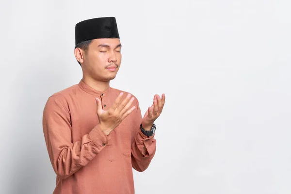 Portrait Asian Muslim Man Praying Open Arm Isolated White Background — Stok Foto