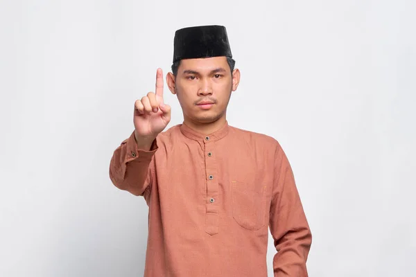 Serious Young Asian Muslim Man Showing Stop Gesture Isolated White — Stock Photo, Image