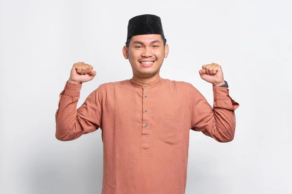 Smiling Asian Muslim Man Raises Arms Showing Muscle Isolated White — Stock Photo, Image