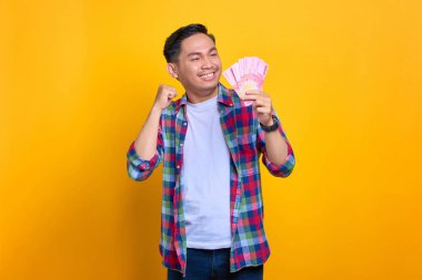 Ekose gömlekli heyecanlı genç Asyalı adam elinde para banknotları ve sarı arka planda izole edilmiş başarıyı kutluyor.