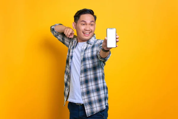 Excited Young Asian Man Plaid Shirt Showing Mobile Phone Blank — 스톡 사진