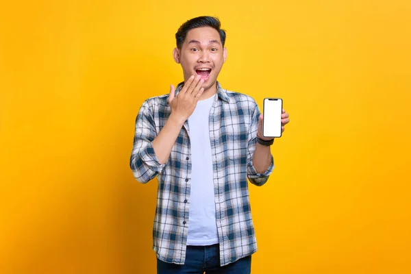Σοκαρισμένος Νεαρός Ασιάτης Καρό Πουκάμισο Δείχνει Κινητό Τηλέφωνο Κενό Οθόνη Φωτογραφία Αρχείου