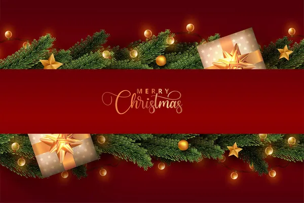在现实的松树叶和红色背景的礼品盒中包裹着新的圣诞彩灯 圣诞快乐概念的设计 — 图库矢量图片